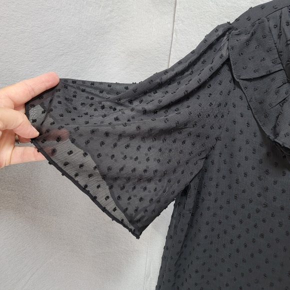 Haver London Blouse Womens L Black Button Flutter Sleeve Swiss Dot Lined Sheer - Picture 4 of 13